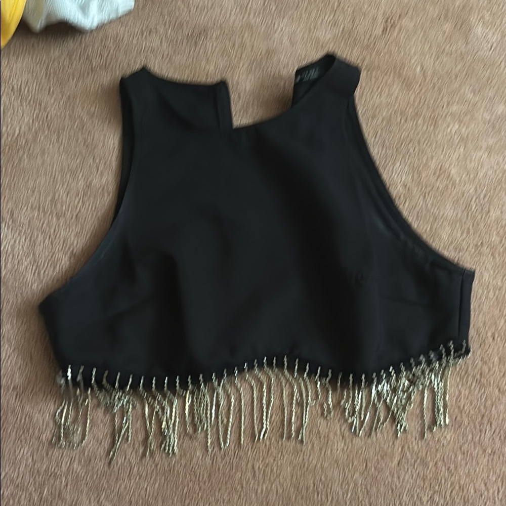 Black Sleeveless Top with Fringe